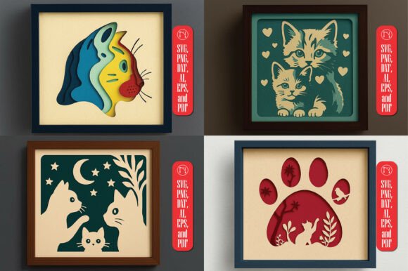 3D Cat Shadow Box SVG Cut File Bundle