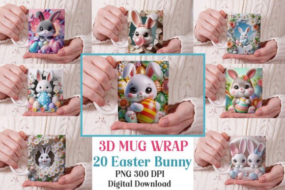 3D Cute Easter Bunny Mug Wrap PNG Bundle