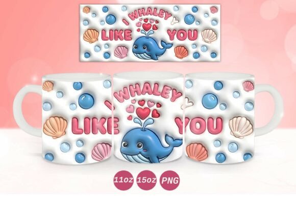3D Inflated Valentine Whale Mug Wrap PNG