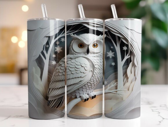 3D Paper Art Snowy Owl Tumbler